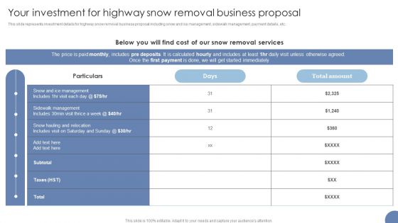 Your Investment For Highway Snow Removal Business Proposal Ppt Portfolio Example Topics PDF Your Investment For Highway Snow Removal Business Proposal Ppt Portfolio Example Topics PDF