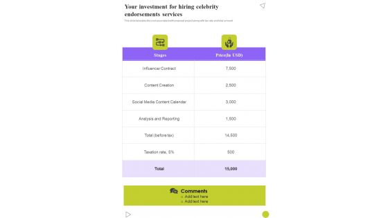 Your Investment For Hiring Celebrity Endorsements Services One Pager Sample Example Document Your Investment For Hiring Celebrity Endorsements Services One Pager Sample Example Document
