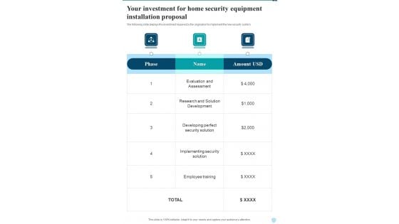 Your Investment For Home Security Equipment Installation Proposal One Pager Sample Example Document