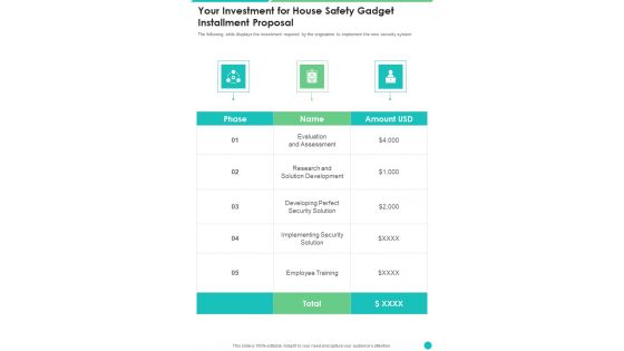 Your Investment For House Safety Gadget Installment Proposal One Pager Sample Example Document