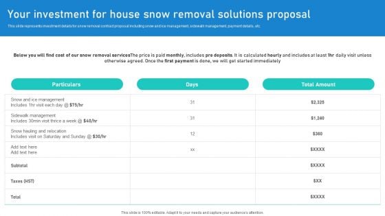 Your Investment For House Snow Removal Solutions Proposal Ppt Pictures Show PDF Your Investment For House Snow Removal Solutions Proposal Ppt Pictures Show PDF
