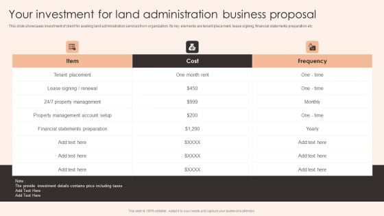 Your Investment For Land Administration Business Proposal Brochure PDF Your Investment For Land Administration Business Proposal Brochure PDF