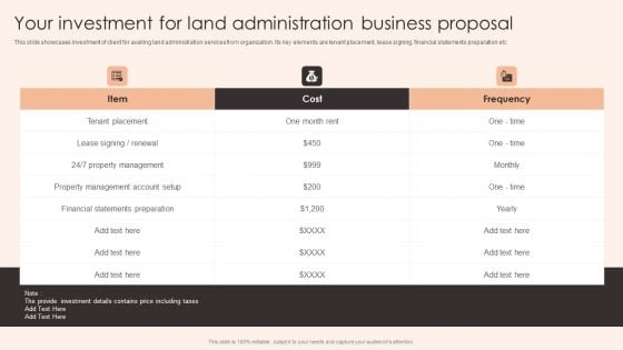 Your Investment For Land Administration Business Proposal Brochure PDF