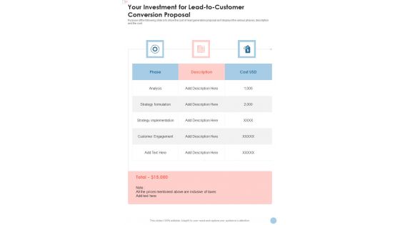 Your Investment For Lead To Customer Conversion Proposal One Pager Sample Example Document