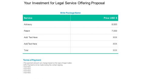 Your Investment For Legal Service Offering Proposal Ppt PowerPoint Presentation Pictures Background Images