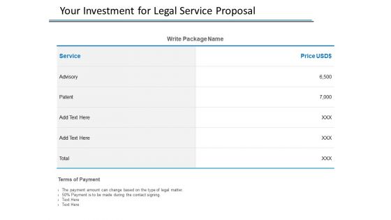 Your Investment For Legal Service Proposal Ppt PowerPoint Presentation Infographic Template Vector