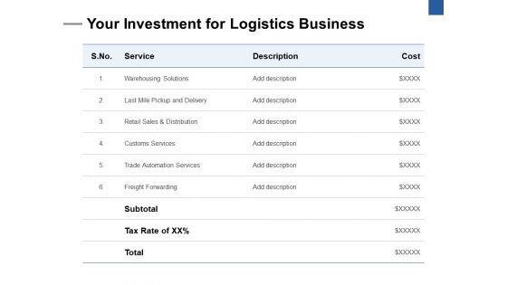 Your Investment For Logistics Business Ppt PowerPoint Presentation Model Master Slide
