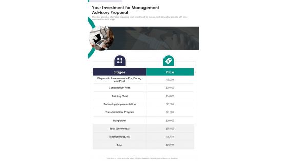 Your Investment For Management Advisory Proposal One Pager Sample Example Document