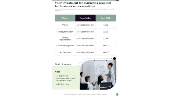 Your Investment For Marketing Proposal For Business Sales Executives One Pager Sample Example Document