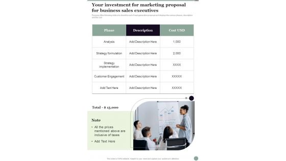 Your Investment For Marketing Proposal For Business Sales Executives One Pager Sample Example Document Your Investment For Marketing Proposal For Business Sales Executives One Pager Sample Example Document