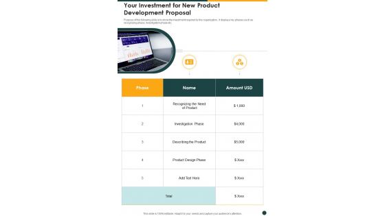 Your Investment For New Product Development Proposal One Pager Sample Example Document