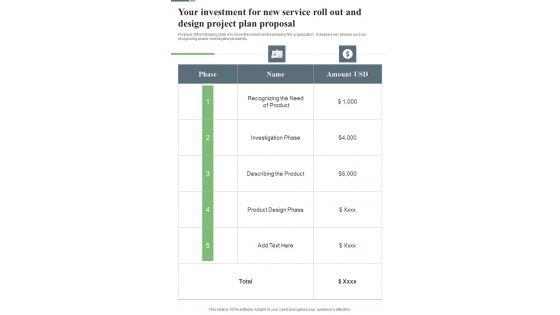 Your Investment For New Service Roll Out And Design Project Plan Proposal One Pager Sample Example Document