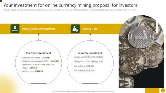 Your Investment For Online Currency Mining Proposal For Investors Ppt Ideas Templates PDF