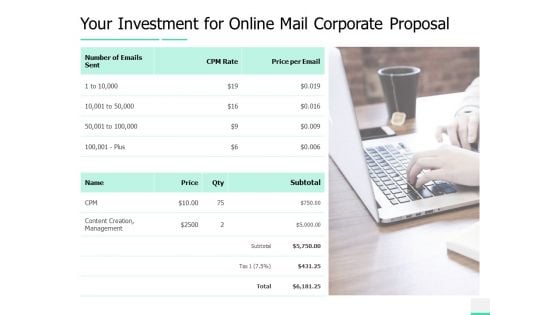 Your Investment For Online Mail Corporate Proposal Ppt Outline Inspiration PDF