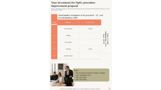 Your Investment For Opex Procedure Improvement Proposal One Pager Sample Example Document