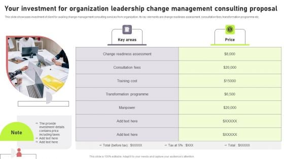 Your Investment For Organization Leadership Change Management Consulting Proposal Template PDF