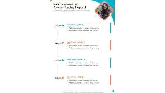 Your Investment For Podcast Funding Proposal One Pager Sample Example Document