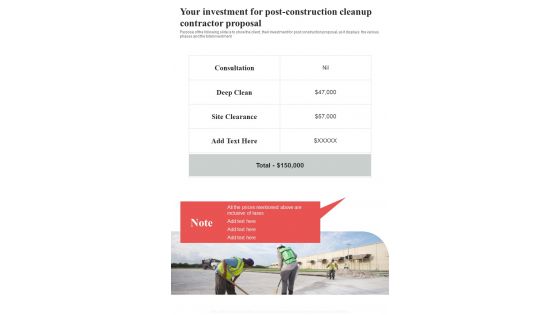 Your Investment For Post Construction Cleanup Contractor Proposal One Pager Sample Example Document