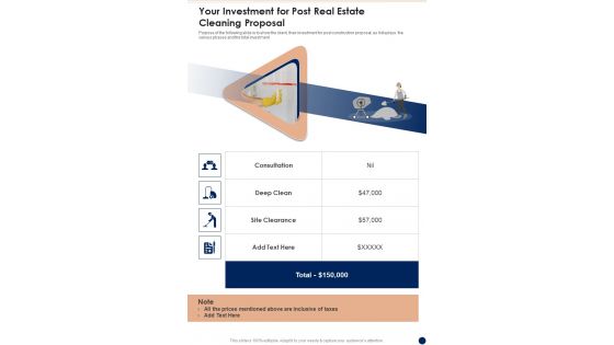 Your Investment For Post Real Estate Cleaning Proposal One Pager Sample Example Document