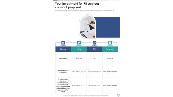 Your Investment For Pr Services Contract Proposal One Pager Sample Example Document Your Investment For Pr Services Contract Proposal One Pager Sample Example Document