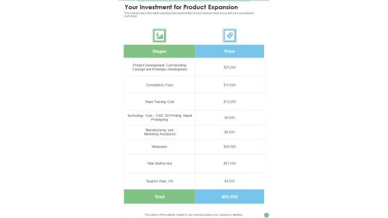 Your Investment For Product Expansion One Pager Sample Example Document