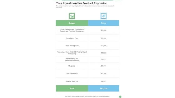 Your Investment For Product Expansion One Pager Sample Example Document Your Investment For Product Expansion One Pager Sample Example Document
