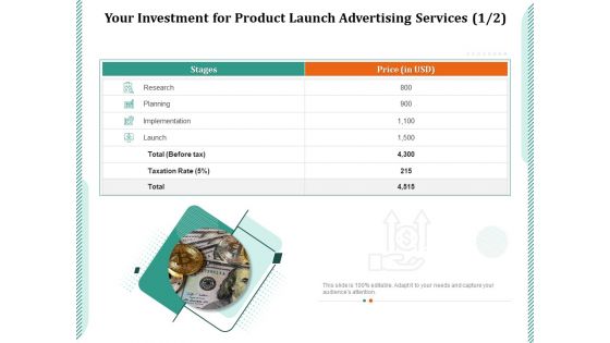 Your Investment For Product Launch Advertising Services Price Ppt PowerPoint Presentation Ideas Example PDF