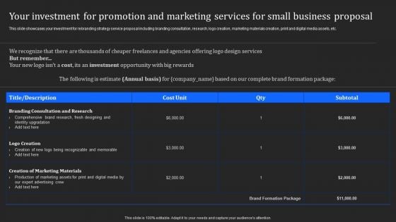 Your Investment For Promotion And Marketing Services For Small Business Proposal Sample PDF Your Investment For Promotion And Marketing Services For Small Business Proposal Sample PDF