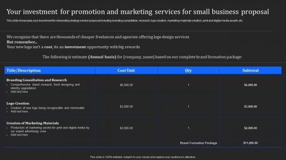 Your Investment For Promotion And Marketing Services For Small Business Proposal Sample PDF