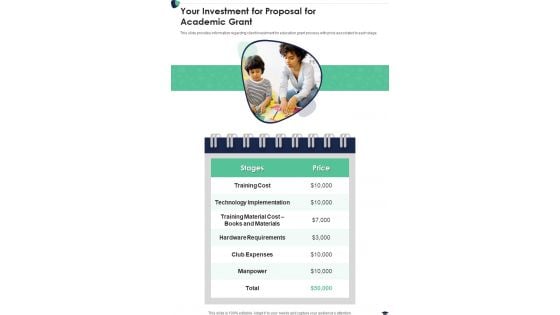 Your Investment For Proposal For Academic Grant One Pager Sample Example Document