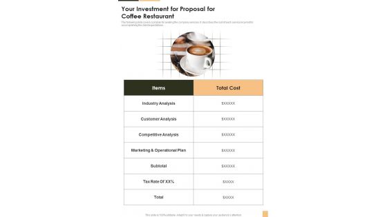 Your Investment For Proposal For Coffee Restaurant One Pager Sample Example Document