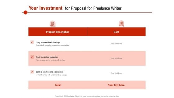 Your Investment For Proposal For Freelance Writer Ppt PowerPoint Presentation Model Graphics PDF