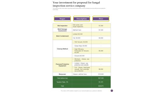 Your Investment For Proposal For Fungal Inspection Service Company One Pager Sample Example Document Your Investment For Proposal For Fungal Inspection Service Company One Pager Sample Example Document