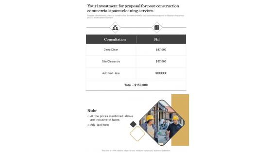 Your Investment For Proposal For Post Construction Commercial Spaces Cleaning Services One Pager Sample Example Document Your Investment For Proposal For Post Construction Commercial Spaces Cleaning Services One Pager Sample Example Document