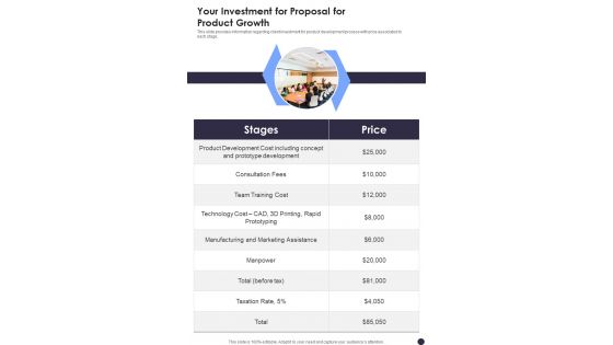 Your Investment For Proposal For Product Growth One Pager Sample Example Document