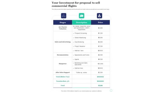 Your Investment For Proposal To Sell Commercial Flights One Pager Sample Example Document Your Investment For Proposal To Sell Commercial Flights One Pager Sample Example Document