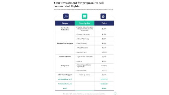 Your Investment For Proposal To Sell Commercial Flights One Pager Sample Example Document