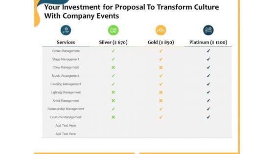 Your Investment For Proposal To Transform Culture With Company Events Ppt Pictures Slides PDF