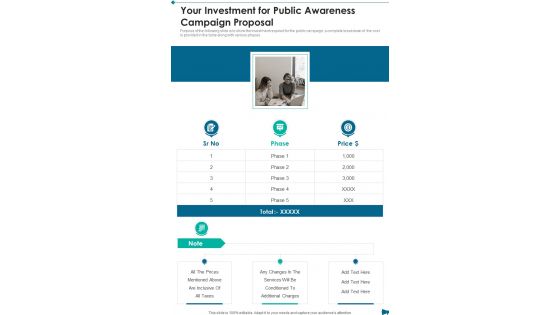 Your Investment For Public Awareness Campaign Proposal One Pager Sample Example Document Your Investment For Public Awareness Campaign Proposal One Pager Sample Example Document