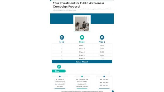 Your Investment For Public Awareness Campaign Proposal One Pager Sample Example Document