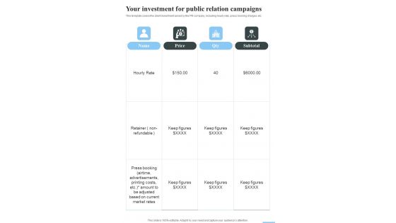 Your Investment For Public Relation Campaigns One Pager Sample Example Document