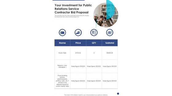 Your Investment For Public Relations Service Contractor Bid Proposal One Pager Sample Example Document Your Investment For Public Relations Service Contractor Bid Proposal One Pager Sample Example Document