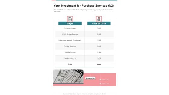 Your Investment For Purchase Services One Pager Sample Example Document