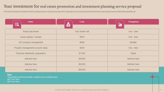 Your Investment For Real Estate Promotion And Investment Planning Service Proposal Brochure PDF