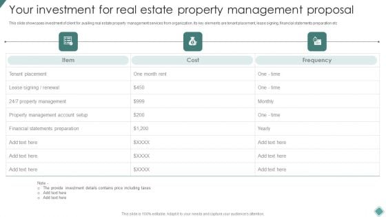 Your Investment For Real Estate Property Management Proposal Ppt Visual Aids Background Images PDF