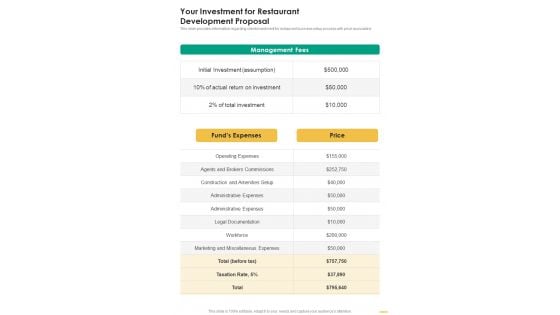 Your Investment For Restaurant Development Proposal One Pager Sample Example Document Your Investment For Restaurant Development Proposal One Pager Sample Example Document