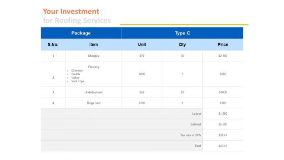 Your Investment For Roofing Services Ppt PowerPoint Presentation Summary Pictures