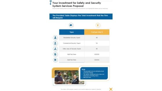 Your Investment For Safety And Security System Services Proposal One Pager Sample Example Document One Pager Sample Example Document Your Investment For Safety And Security System Services Proposal One Pager Sample Example Document One Pager Sample Example Document