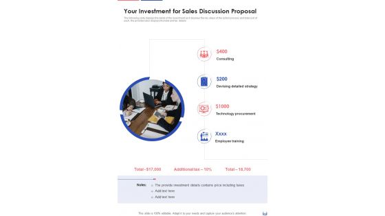 Your Investment For Sales Discussion Proposal One Pager Sample Example Document