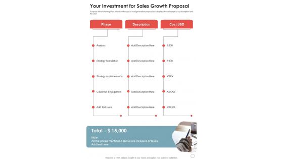 Your Investment For Sales Growth Proposal One Pager Sample Example Document